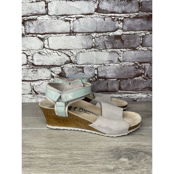 Birkenstock Papillio Grey Nubuck Suede Teal Patent Cork Wedge Sandals Women 38EU - Picture 3 of 16